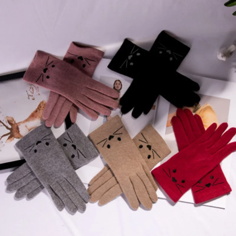 Модные женские перчатки с сенсорным экраном, женские шерстяные тонкие милые перчатки с рисунком кошки, теплые Нескользящие перчатки для вождения и верховой езды E14