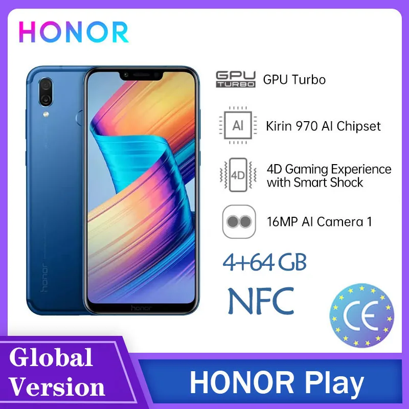 Смартфон Honor play 4 + 64 ГБ Kirin 970 NFC Android 8 1 6 3 дюйма 2340x1080 16 Мп сканер отпечатка пальца 18