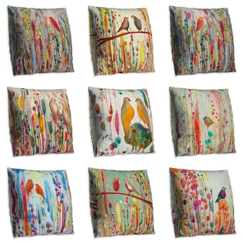 

Colorful Oil Painting Bird Pattern Art Style Living Room Creative Bedroom Cushion Cover Double-sided Polyester Pillowcase