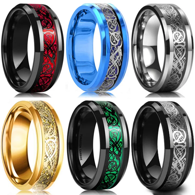 8 Mm Homme en carbure de tungstène Dragon Scroll Inlay CZ Wedding Band Ring Taille 8-12 