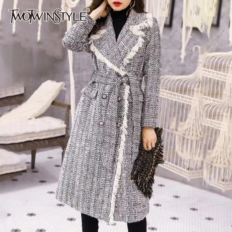 

TWOTWINSTYLE Patchwork Tweed Tassel Womens Coats Lapel Collar Long Sleeve High Waist Lace Up Female Coat 2019 Autumn Fashion New