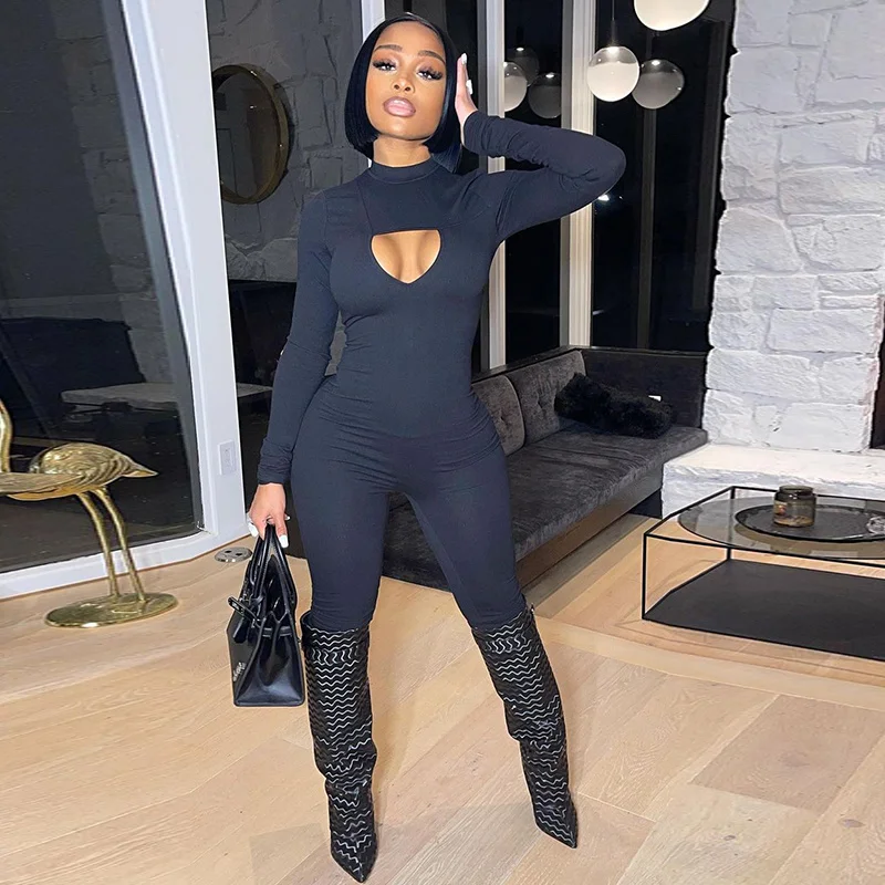 Solid Sexy Front Hollow Skinny Rompers Womens Jumpsuit Long Sleeve Bodycon Bodysuits Active Wear Slim Casual One Piece Overalls
