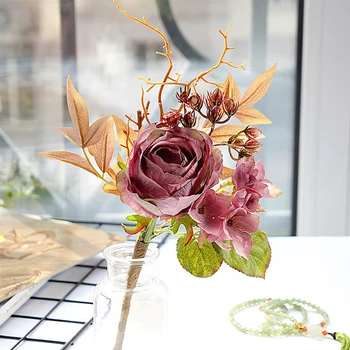 

European Silk Artificial Rose Flowers DIY Branches Plastic Berries Leaf Fake Flowers for Home Wedding Decoration Supplies Props