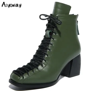 

Brand Women Lace-Up Genuine Leather Motorcycles Boot Solid Nude Women Fashion Square Toe Ankle Boots Thick Heel Shoes Aiyoway