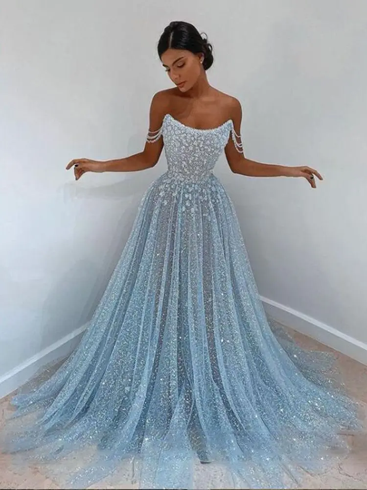 Boho A Line Prom Dress Boat Neck Beaded Appliques Tulle Sweep Train Women Cocktail Party Gowns Vestido De Fiesta royal blue prom dresses