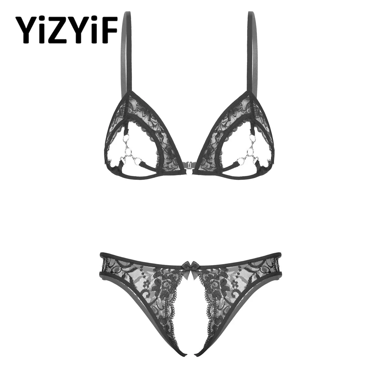 

Women Lace Exotic Lingerie Set Underwear Spaghetti Straps Exposed Breasts Underwired Shelf Open Cup Bra with Crotchless Briefs