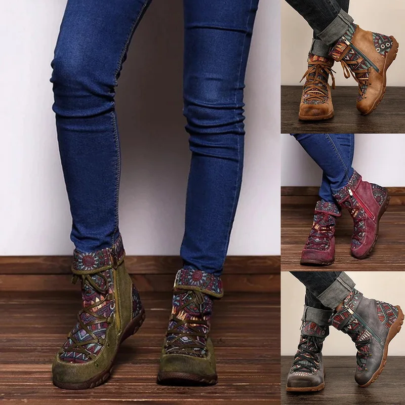 Ретро сапоги в стиле бохо; женская обувь; зимние сапоги с вышивкой; сезон осень-зима; женские ботильоны на молнии; уличные ботинки на плоской подошве; Female2019