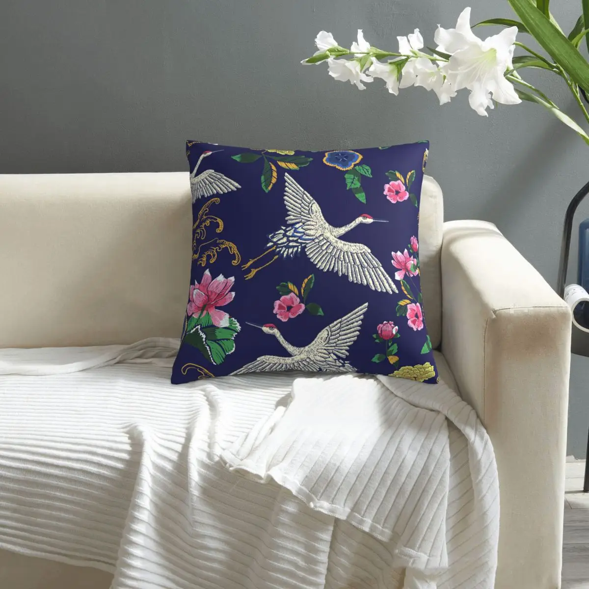 

Embroidery Pattern With Oriental Cranes Waves And Flowers pillowcase printed cushion cover sofa waist pillow pillow cover