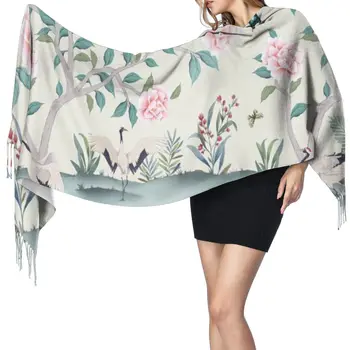 

NOISYDESIGNS Crane Flower Cashmere Scarves Women Autumn New Wraps Thin Long Scarf With Tassel Casual Lady Winter Female Shawl