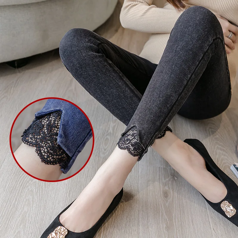 

2019 Spring And Autumn New Style Pregnant Women Lace Skinny Pants Fashion Mom Outer Wear Slimming Washing Denim-like Fabric Elas