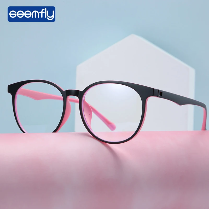 

Seemfly Fashion Anti-Blue Light TR90 Flat Mirror Women Men Round Frame Eyeglasses Antifatigue Computer Eyewear myopic frame