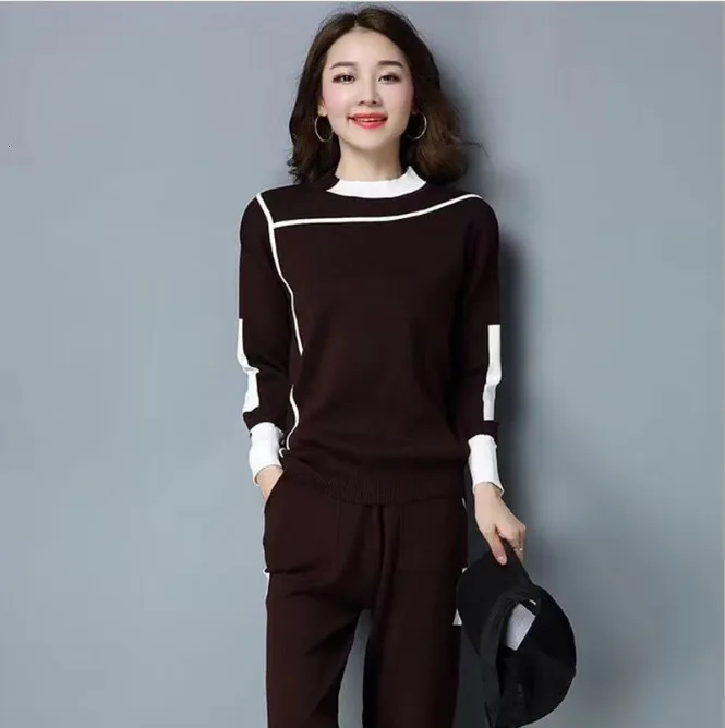 DEAT Autumn Women Knitted Two Piece Set Casual Sportsuit O Neck Long Sleeve Pullover Sweater Pants Set Tracksuit MG987