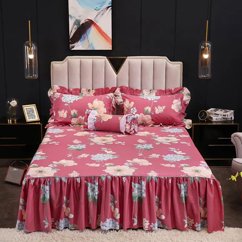 160X200cm 3/5Pieces 100%Cotton Ruffles Bed Skirt set with Pillow shams Vintage Flowers Leaves printed Bed sheet set Pillowcase - Цвет: Color 6