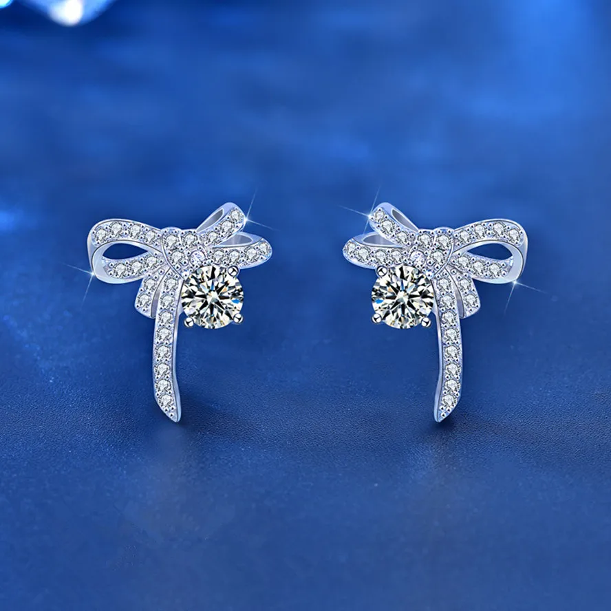 

100%S925 Sterling Silver White Gold Bow Mozanstone Earrings Women's Personality Fashion Jewelry Couple Holiday Christmas Gifts