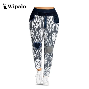 

Wipalo Women Plus Size 3D Lace Print Leggings S-5XL Imitation Denim Leggings Sexy Skinny Gothic Leggings Ladies Casual Pants