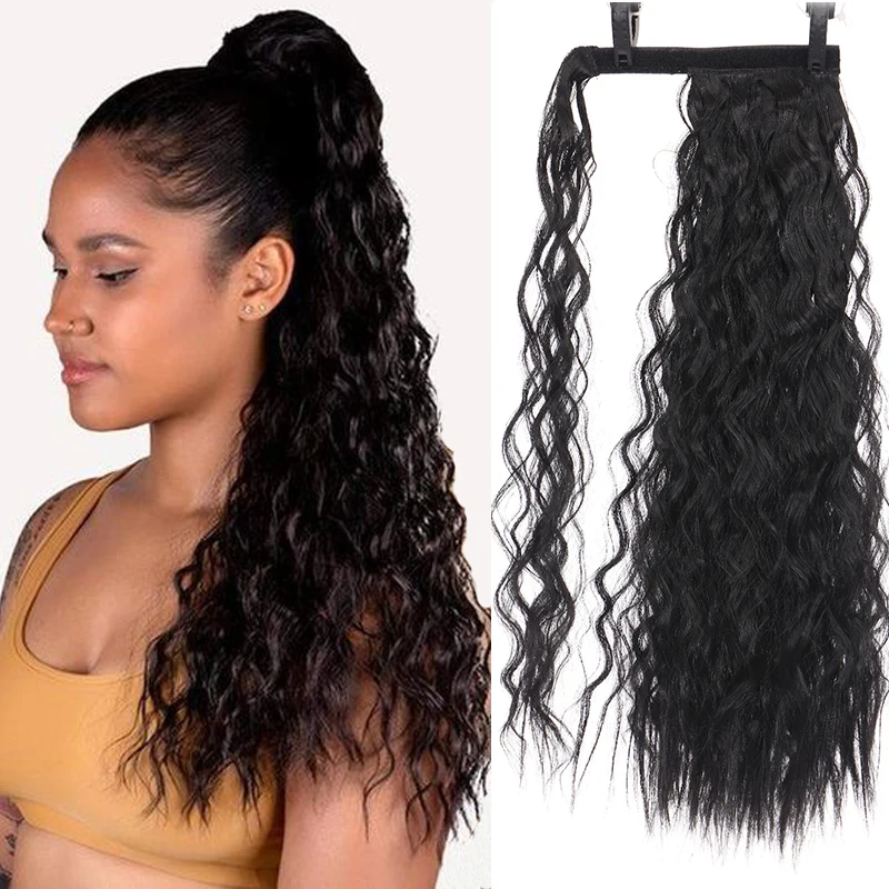DIANQI Synthetic Corn Wavy Long Curly Ponytail Hairpiece Wrap on Clip Hair Extensions Black Pony Hair DIANQI Synthetic Corn Wavy Long Curly Ponytail Hairpiece Wrap on Clip Hair Extensions Black Pony Hair