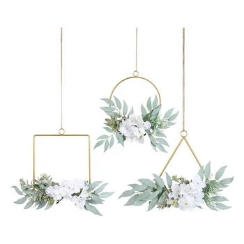 

Hot Artificial Willow Leaves Metal Hoop Wreath Set of 3 Greenery with White Hydrangea Flower Hanging Wall Hoop Garland