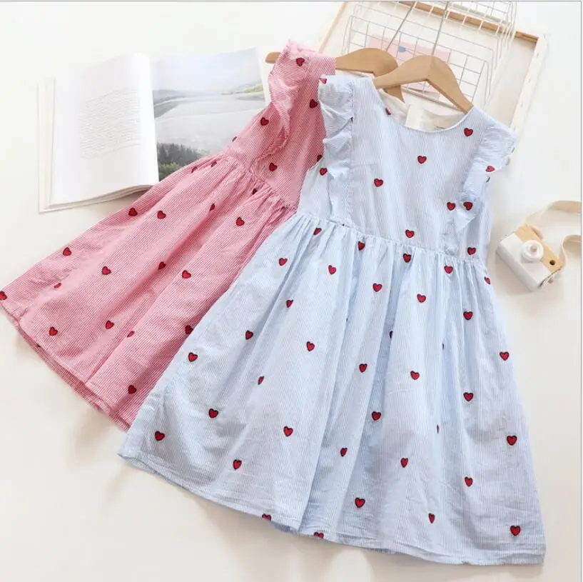 Платье в полоску для девочек; хлопковое детское платье с вышивкой и рукавами-крылышками; милые платья принцессы; модная детская одежда