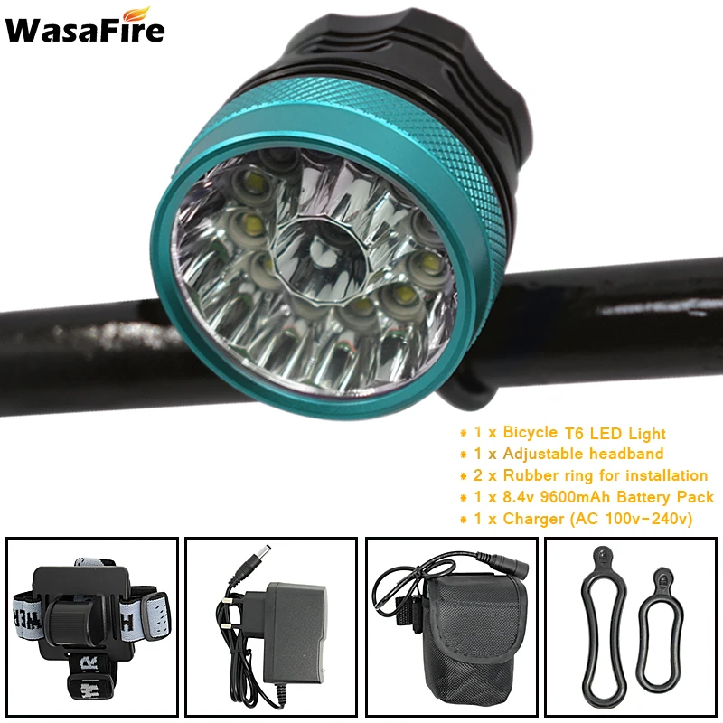 9600 and headband WasaFire 30000lm велосипедный передний светильник 13xT6 светодиодный велосипедный Головной фонарь велосипедный светильник 2 в 1 головной светильник+ аккумулятор 18650+ зарядное устройство - Цвет: 9600 and headband