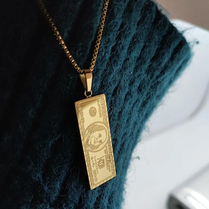 100 Dollar Bill Gold Pendant Necklace