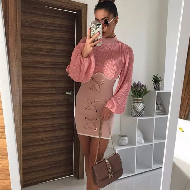 Yesexy 2021 сексуальное платье с длинным рукавом со складками высоким воротом