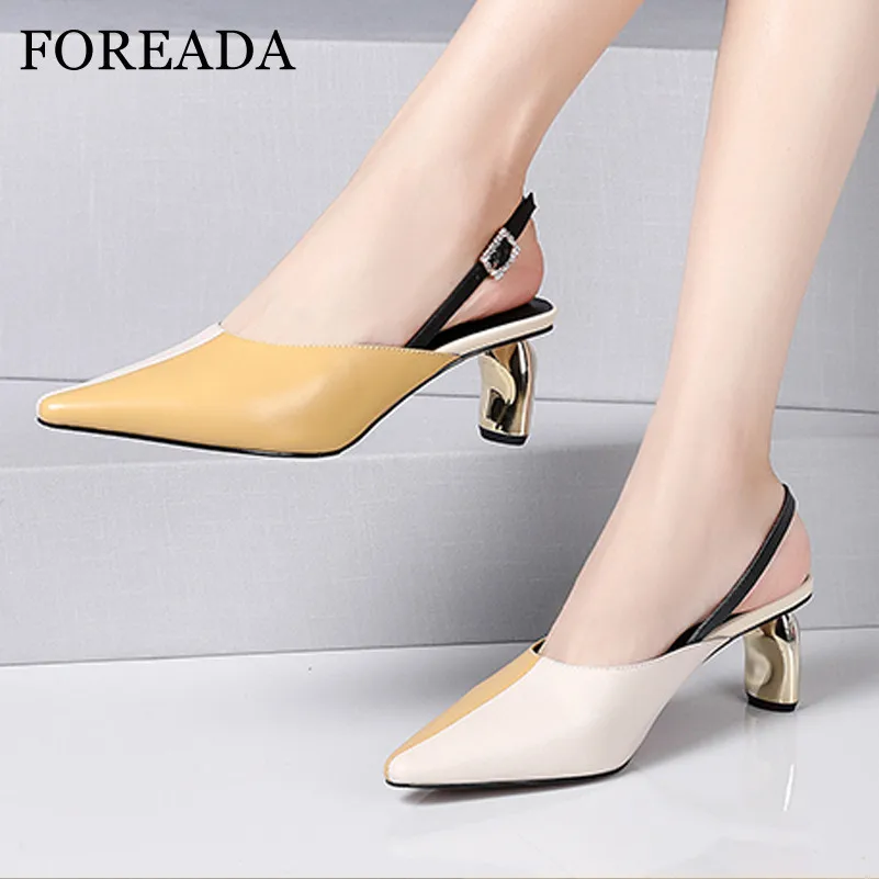 

FOREADA Real Leather High Heels Woman Crystal Slingbacks Shoes Strange Style Heel Pumps Buckle Pointed Toe Lady Footwear Yellow