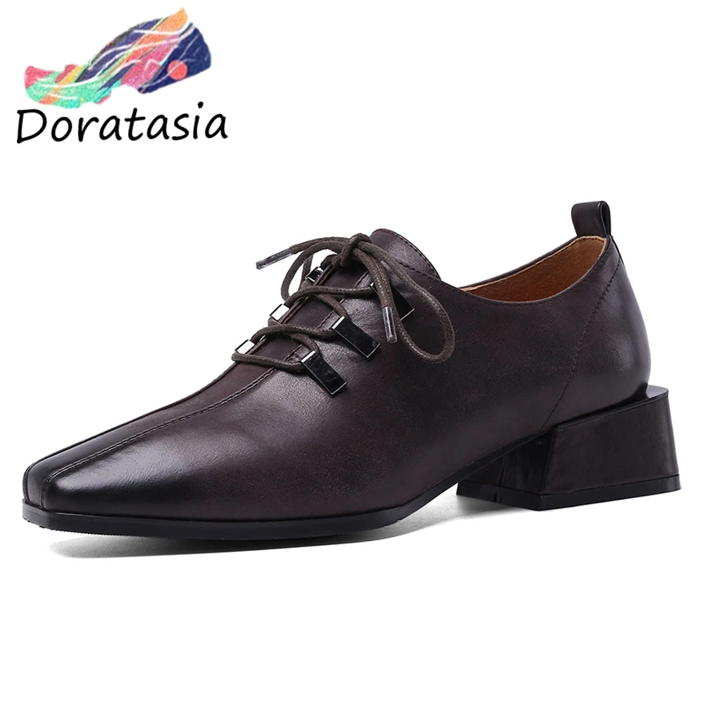 

DORATASIA New Girl Retro mixed-color Pumps Square Toe Dress Pumps Women Med Heels Genuine Leather Shoes Woman
