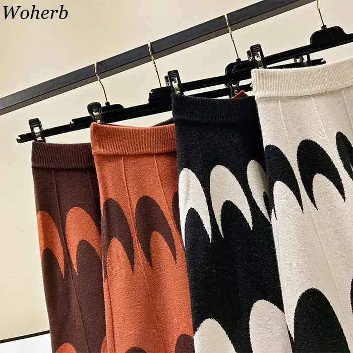Woherb, винтажные трапециевидные юбки для женщин, с рисунком Луны, высокая талия, вязаная юбка для женщин, корейская мода, Осень-зима, новинка, Jupe Femme 91259