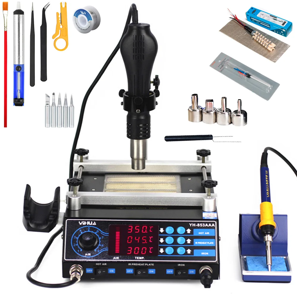 

YIHUA 853AAA 3 in1 Bga Rework Soldering Station 650W SMD Hot Air Gun+ 60W Soldering Irons +500W Preheating Station Welding tools