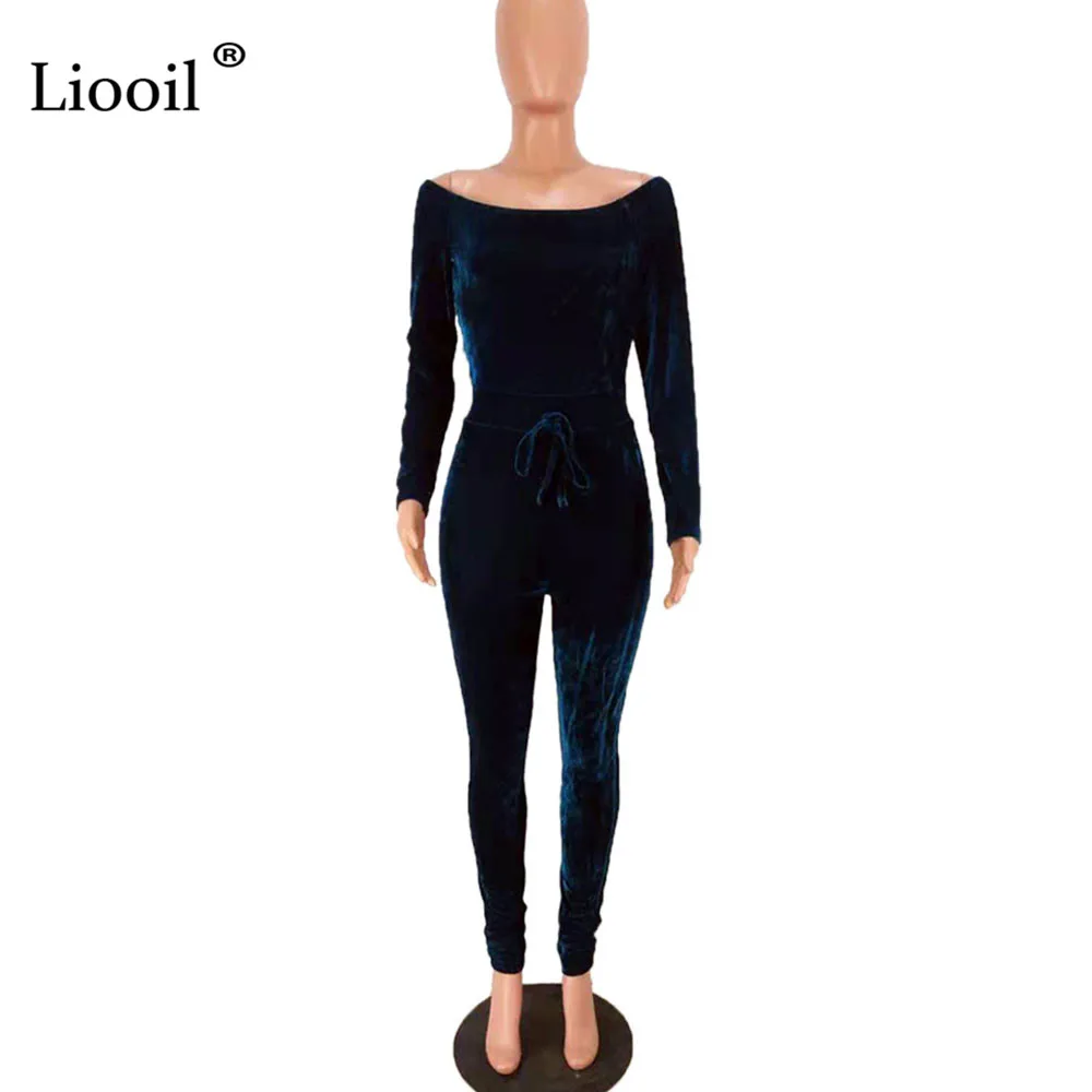 Liooil сексуальные бархатные облегающие комбинезоны с открытыми плечами для женщин с длинным рукавом на шнуровке вечерние комбинезоны для клубов облегающий спортивный костюм, комбинезон