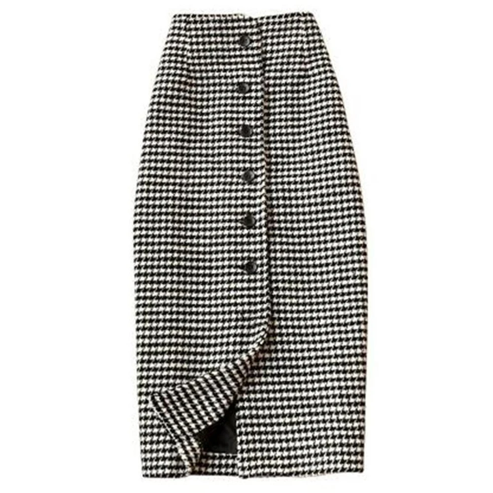 Woman Spring Empire Geometric Single-Breasted A-Line Wool Knee-Length Skirts Female Autumn Slim Thicken Warm Plaid Jupe Falda | Женская