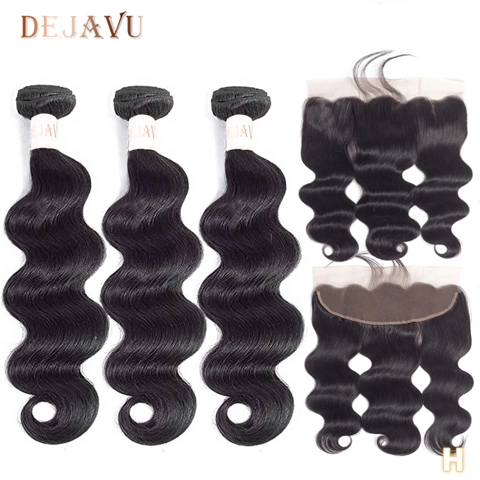 

DEJAVU Double Weft Bundles With Frontal Body Wave Lace Frontal With Bundles Non-Remy Hair Bundles And Closure With Baby Hair