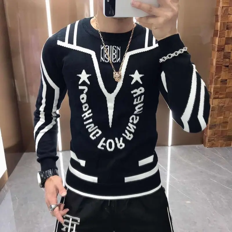 

Chaopai Men 's T- neck Sweater in Autumn and Winter 2020 Slim Fitting Letter Color Matching Sweater Korean Fashion Bottom Knitte