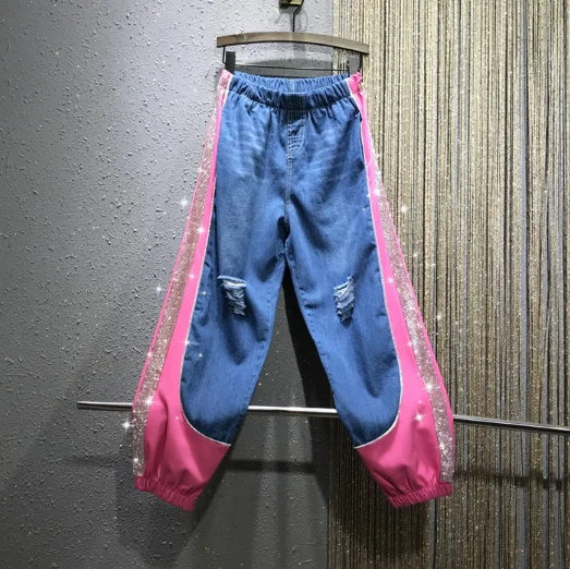 

European Style Loose Jeans for Women Summer Autumn New Rhinestones Side Color Elastic Loose Harun Beam Foot Jeans Female Pants