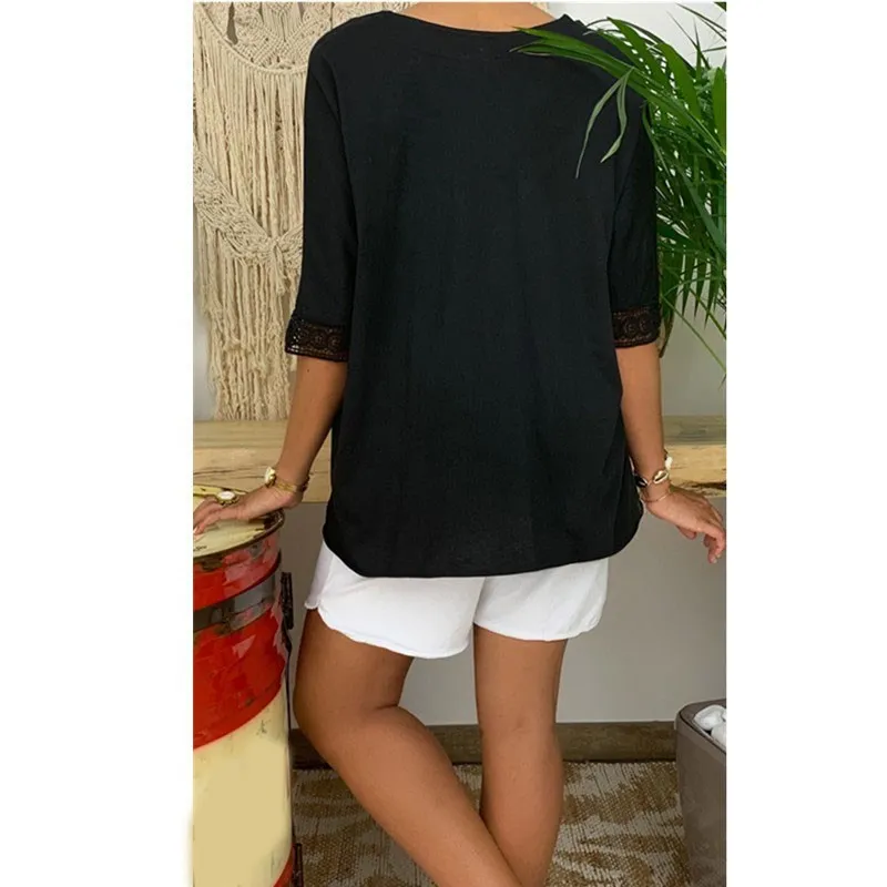 Мода 5Xl 7 цветов красивые летние женские кружевные блузки свободные однотонные Блузы с v-образным вырезом размера плюс кружевные лоскутные рубашки на пуговицах
