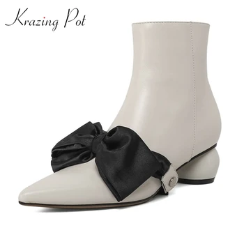 

Krazing pot cow leather zip pointed toe short boots strange round med heel gladiator retro design butterfly-knot ankle boots L93