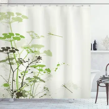 

Country Decor Collection, Minimalist Foliage and Herbs Illustration with Dragonflies Winged Insects Mystic Animal, Polyester