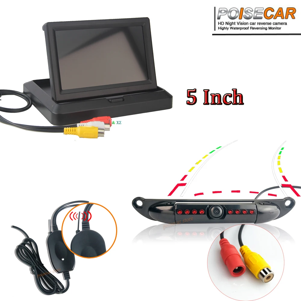 

POISECAR Wireless 5 inch Monitor Short license plate Wide Angle Dynamic trajectory HD Car Rear View Backup Parking Camera