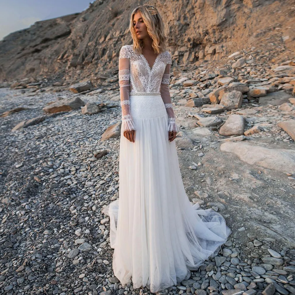 bridal dresses Vintage V Neck Boho Wedding Dress 2022 Ruffles Long Sleeves Lace Bohemian Bridal Gown A Line Vestidos De Novia Beach grace kelly wedding dress