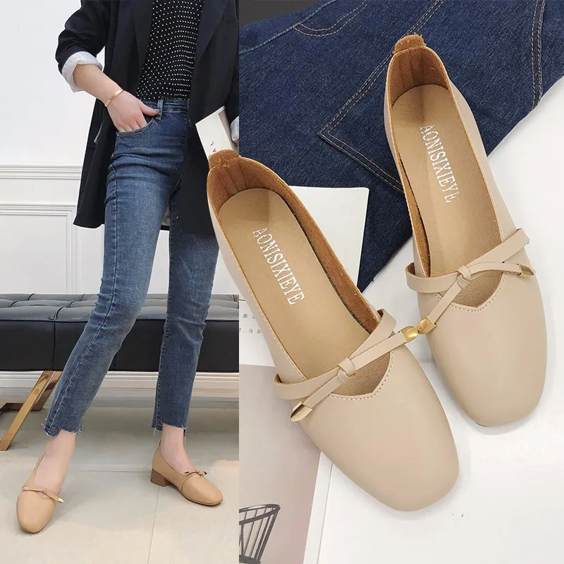 

Shoes Women's 2019 Spring And Autumn New Style Bow Soft-Sole Popular WOMEN'S Shoes Semi-high Heeled Chunky-Heel Moccosins