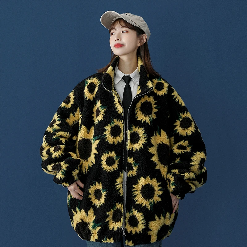 

Sumflower Pattern Women Soft Jacket Winter Zipper Fly Fleece Coat Outwear with Pockets Korean Fashion Oversized Warm Jaket Women