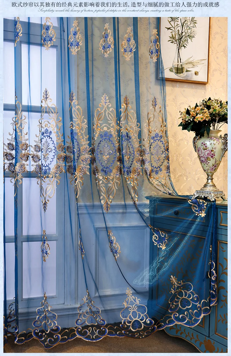 European Gold Embroidery Luxurious Blue Sheer Curtain for Living room Bedroom Tulle for Glass Door Window Panels Kitchen AD799E