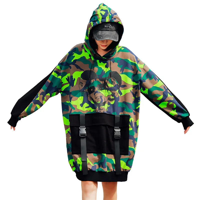 

Military Camouflage Hoodies Women Print Sweatshirt Dress Long Sleeve Cut Out Top Plus Size Hoody Korean Female Clothing LT674S30