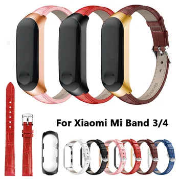 

Crocodile Leather Strap For Mi Band 4 3 Strap Bracelet for xiaomi mi band 3 4 Metal Frame Watchband Accessories Smart Wrist Belt