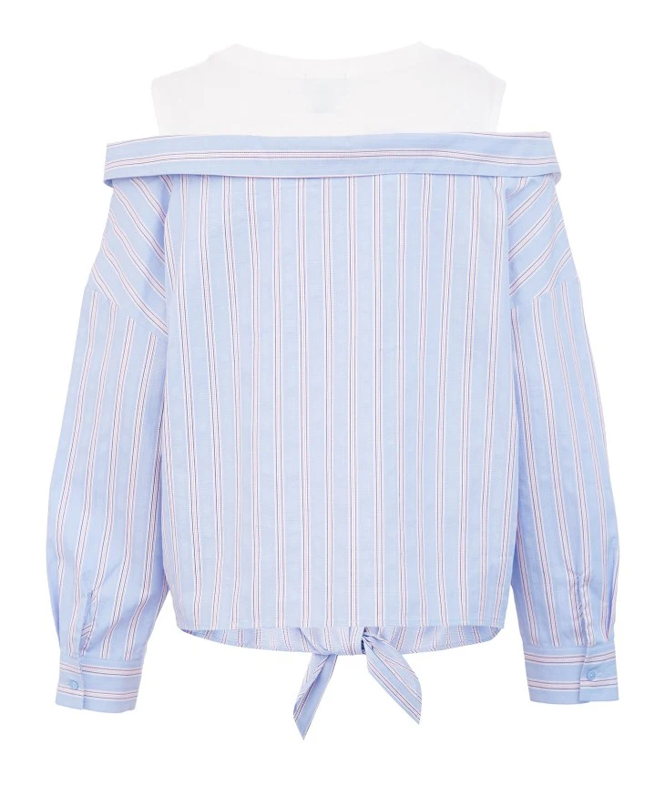 ONLY Womens Loose Fit 100% Cotton Striped Round Neckline Fake Two-piece Shirt | 119258513