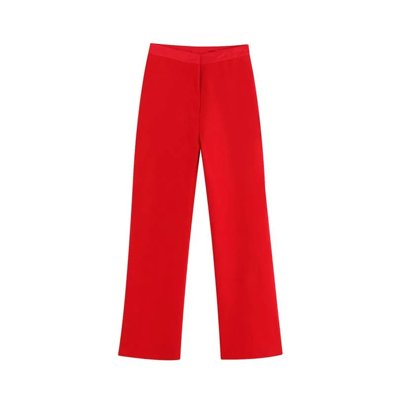 

Women Red Casual Elegant Straight Pants High Waist Loose Zipper Wide Leg Pants Office Ankle-Length Trousers