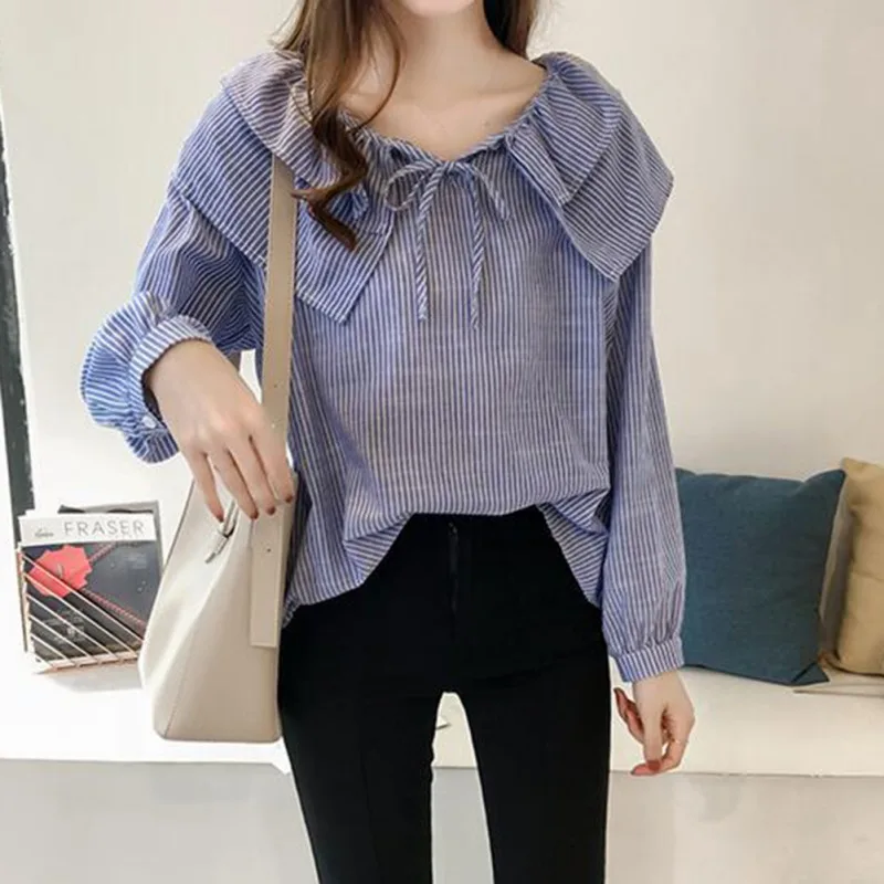 Blouse Women Top Stripe Shirt Korean Clothes Printing Long Sleeve V-Neck Loose Blouse Blusas Mujer De Moda New Arrival