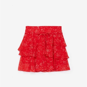 

ElfStyle Red Ladies Floral Printed Ruffled Layer Mini Skirt