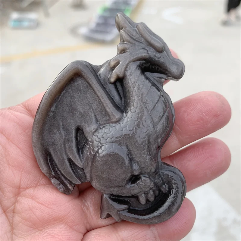 

Natural Silver Obsidian Hand Dragon Carving Cartoon Cute Crystals And Stones Healing Home Decoration