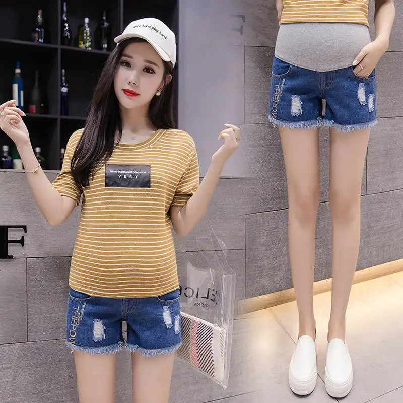

Maternity Pants Photo Shoot 2019 New Style Spring And Autumn Washing Water Embroidery Cowboy Abdominal Support Shorts